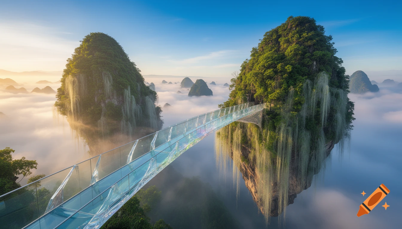 A glass bridge connects two large, lush green, floating mountains above a sea of clouds at sunrise in a fantastical landscape.