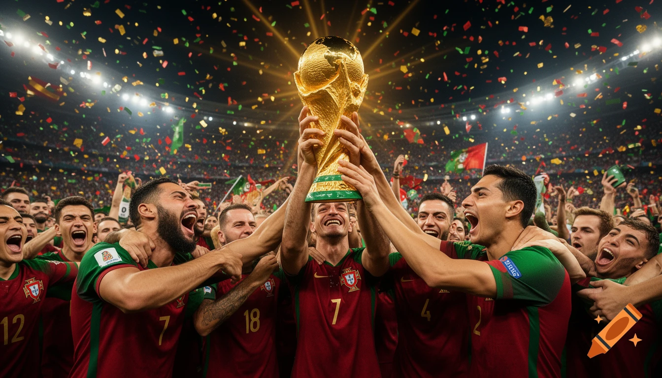 Photorealistic image of excited male football players in red and green jerseys celebrating a victory, lifting a golden trophy in a confetti-filled stadium.