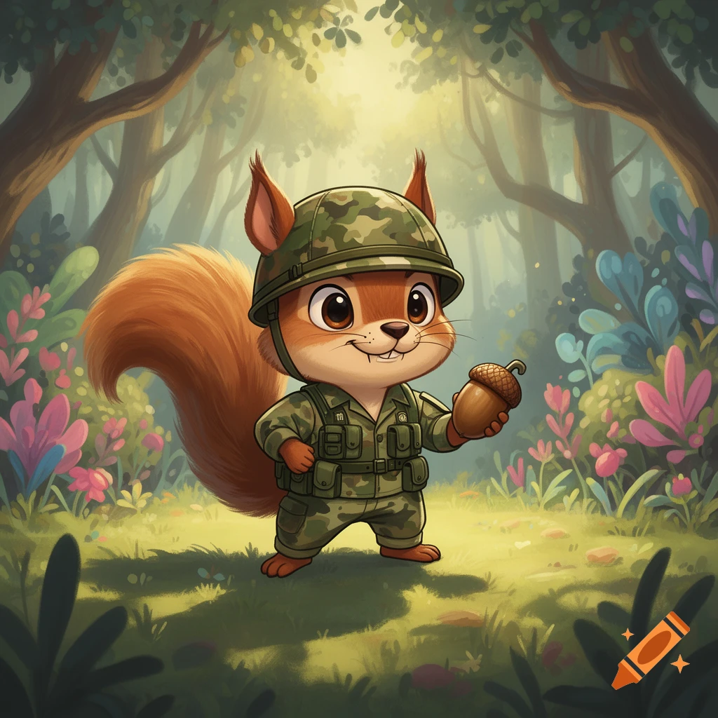A cute cartoon squirrel wearing a camouflage soldier's uniform and helmet, holding an acorn in a forest setting.