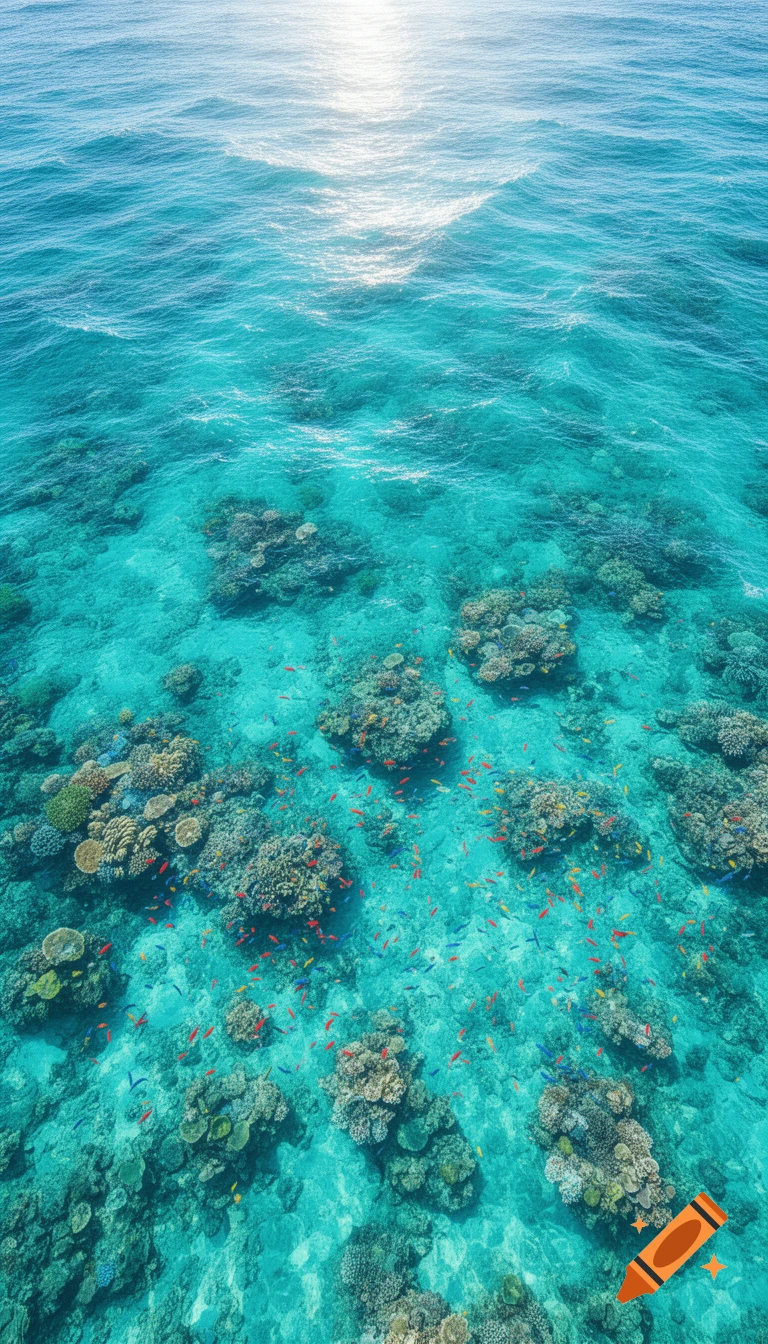 Aerial view of clear turquoise tropical ocean revealing colorful coral reefs and small fish with sunlight reflecting on the water surface.