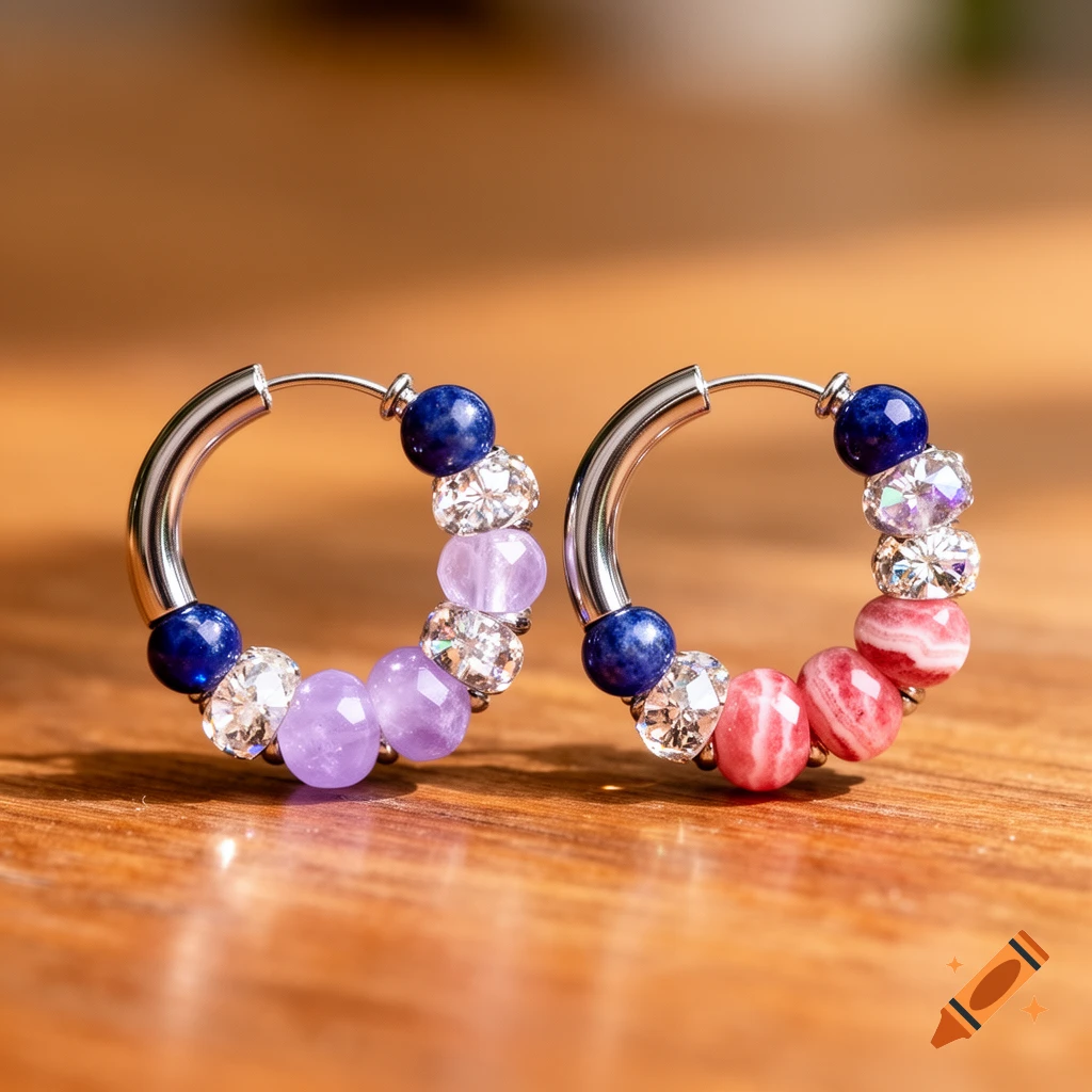Two silver hoop earrings adorned with blue, clear, purple, and pink beaded gems, lying on a wooden surface.
