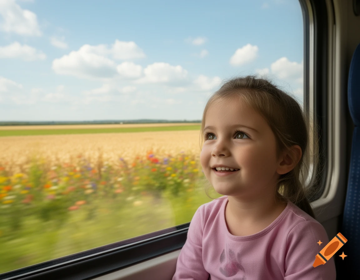 A smiling young girl in a pink shirt looks out a train window at a blurred landscape of golden fields and colorful flowers under a blue sky.