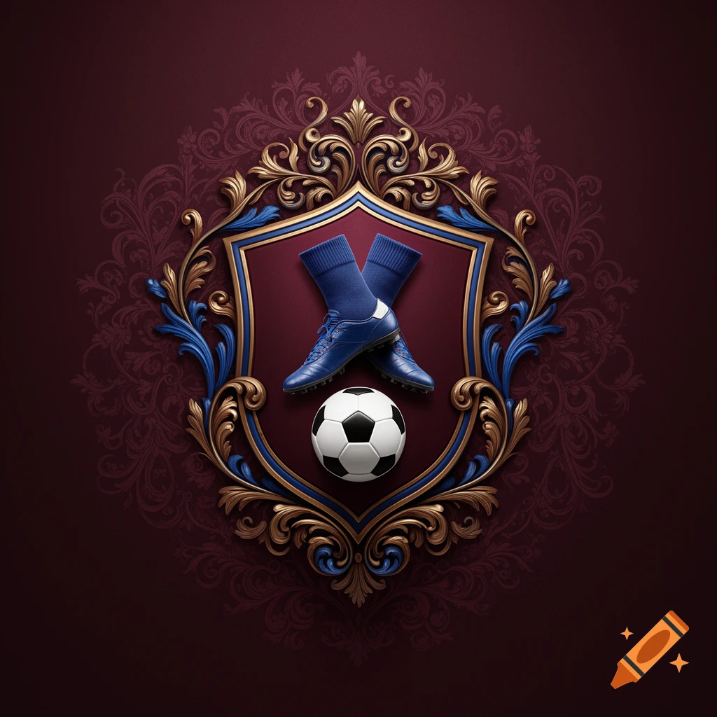 Ornate golden and blue crest with two crossed blue soccer cleats and a soccer ball on a deep red background with floral patterns.