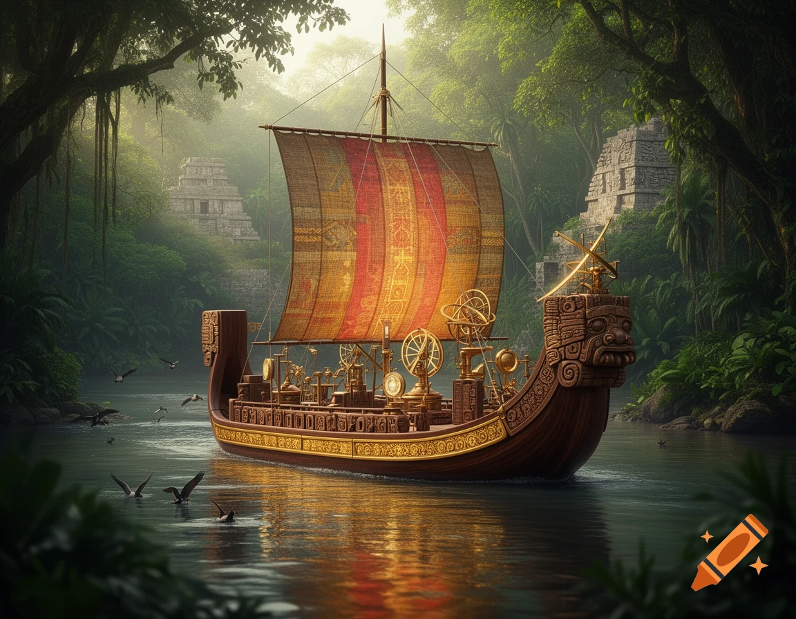 A richly decorated Mesoamerican-style river ship with ancient technology sails in a jungle river past ancient pyramids.