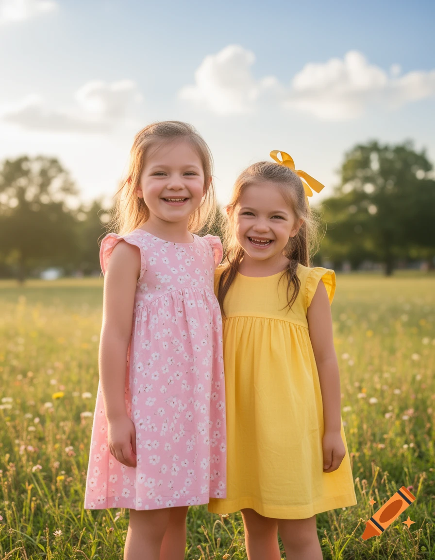 Two smiling young girls in dresses stand in a sunny grassy field with trees in the background.