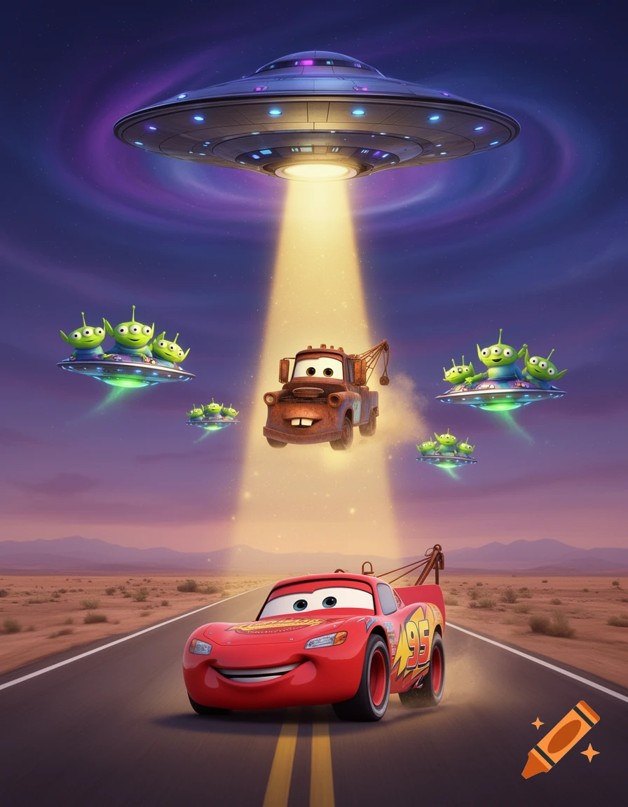 Lightning McQueen drives on a desert road under a purplish sky, while a large UFO beams up Mater and small UFOs carrying green aliens fly around.