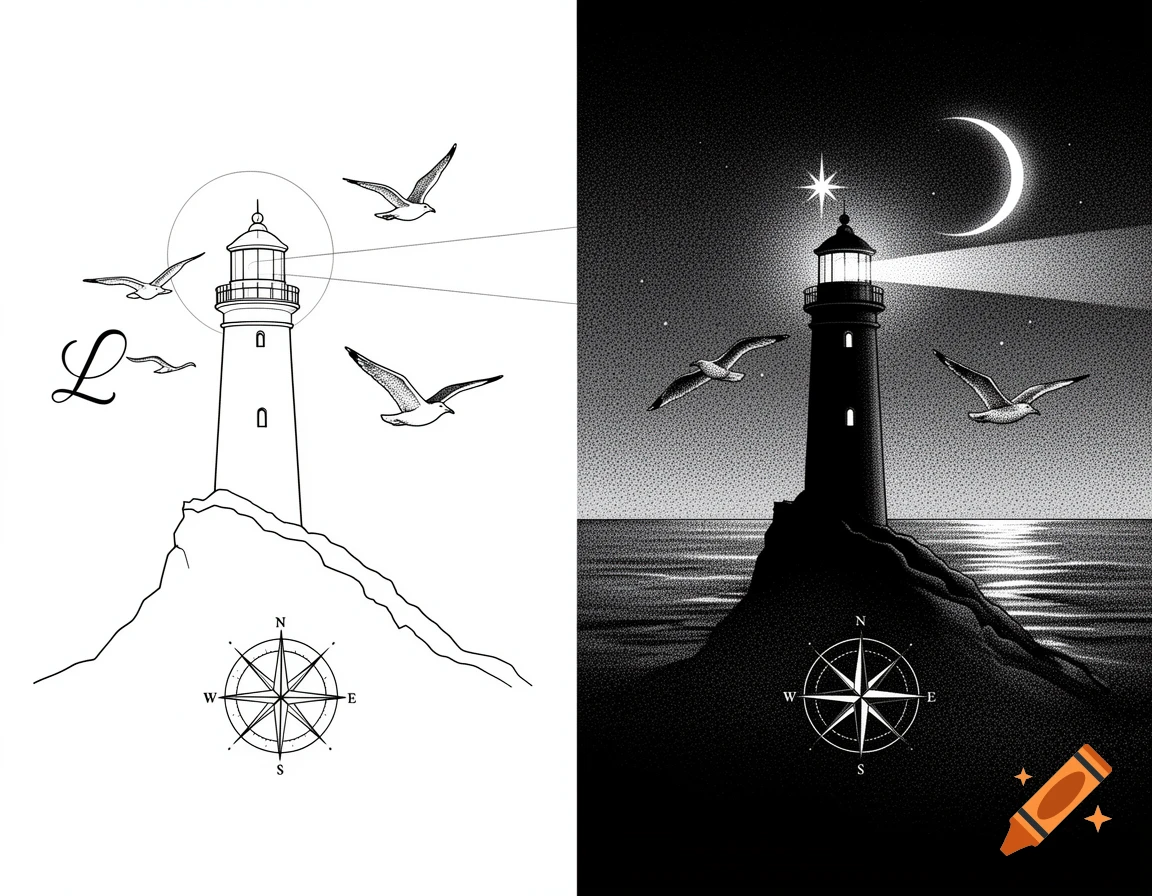 Two black and white illustrations of a lighthouse on a cliff. The left, a 'day' scene, shows the lighthouse, seagulls, and a compass rose with an 'L' formed by a light beam. The right, a 'night' scene, shows the lighthouse, seagulls, a crescent moon, stars, and a compass rose.