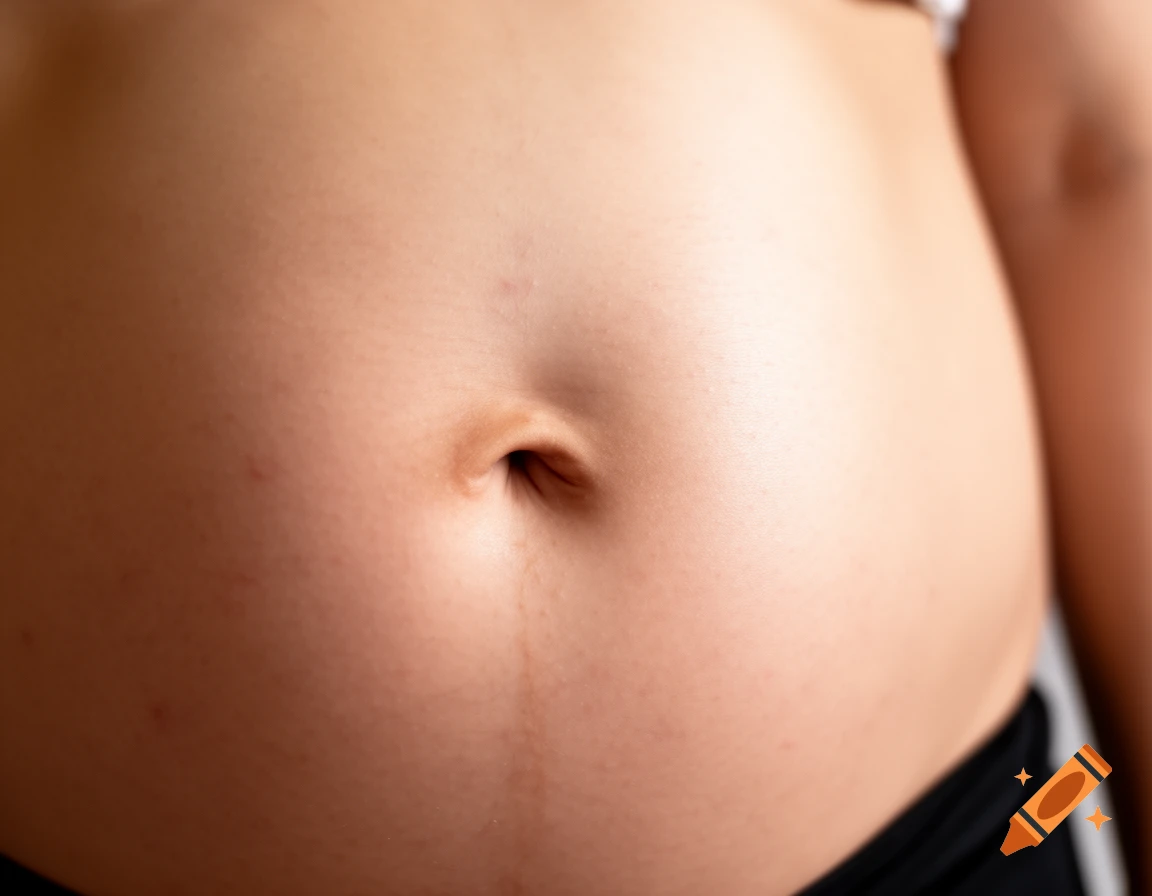 Close-up, high-angle view of a person's abdomen, focused on the belly button, with fair skin and a dark garment at the bottom.