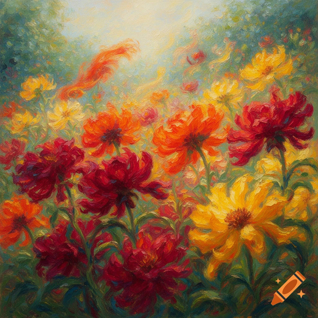 Vibrant impressionistic painting of a field filled with bold red, orange, and yellow flowers under a soft, bright sky.