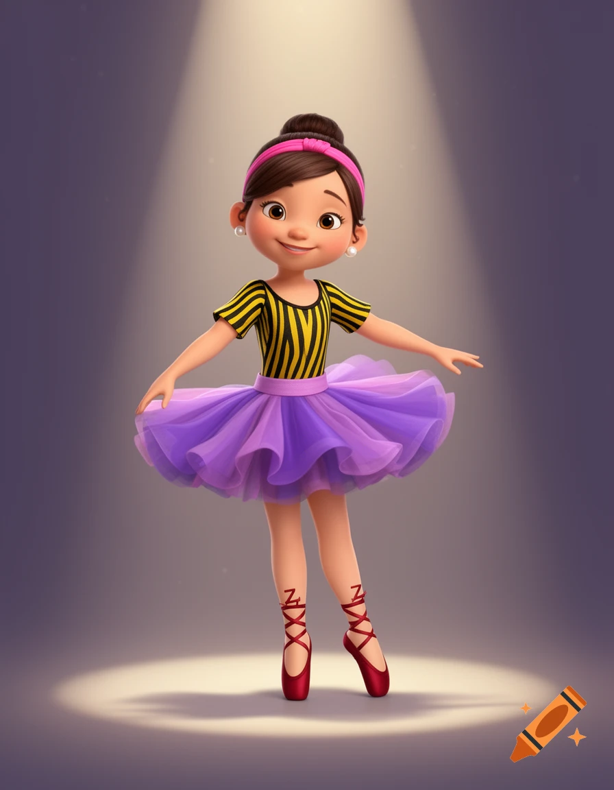 A cartoon ballerina with a pink headband, striped leotard, purple tutu, and red ballet slippers with Z-shaped laces, under a spotlight.