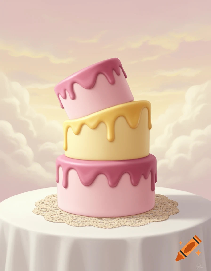 A three-tiered cartoonish cake with pink and yellow dripping icing on a doily and white tablecloth, set against a cloudy pastel sky.