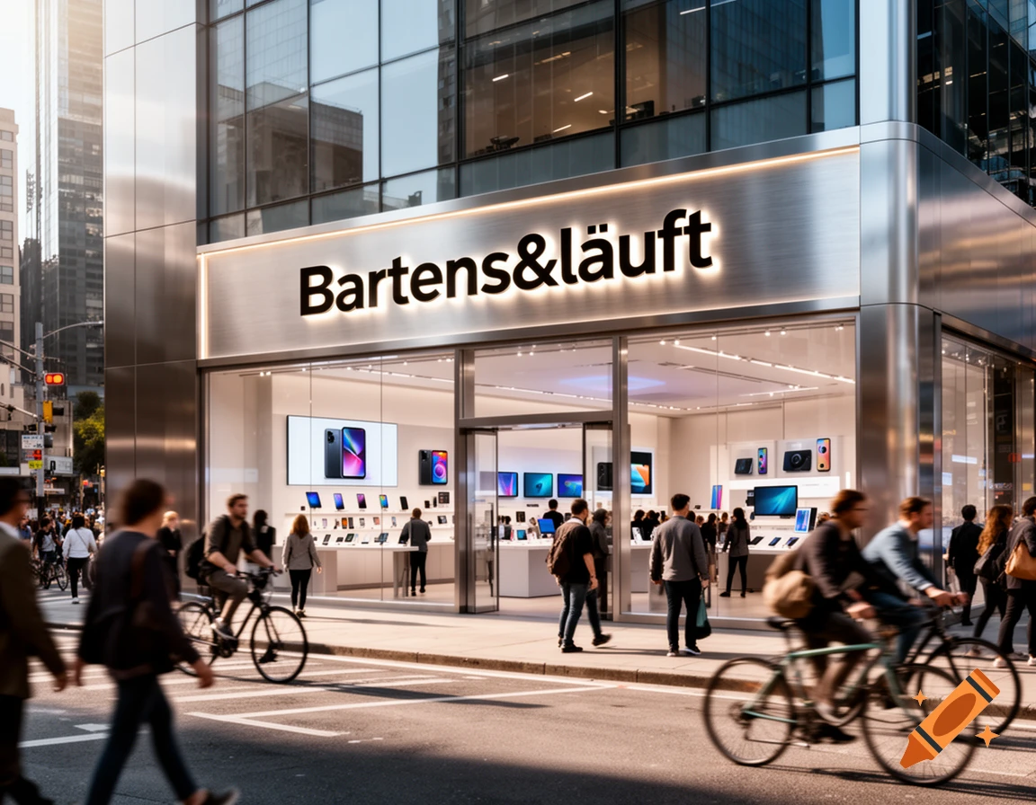 Photorealistic view of a modern electronics store with a "Bartens&läuft" sign on a busy city street with people and cyclists.