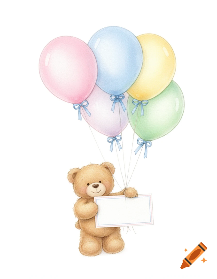 Cute watercolor illustration of a teddy bear holding a blank sign and a bouquet of pastel-colored balloons.