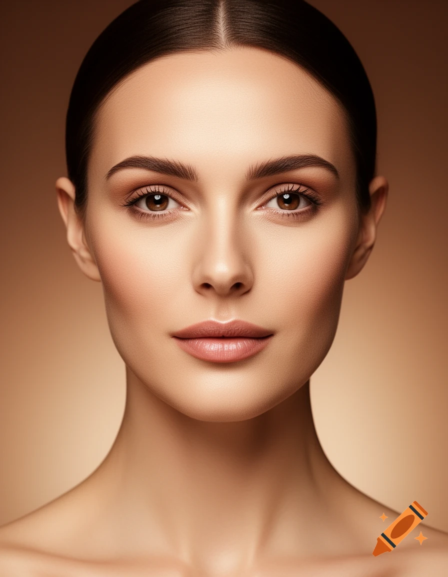 Close-up photorealistic portrait of a beautiful woman with flawless skin, perfect makeup, dark hair pulled back, and a serene expression on a brown background.