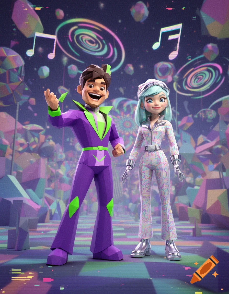 Two stylized 3D characters, a man in a purple and green suit and a woman in a white patterned jumpsuit, stand in a colorful, geometric, low-poly digital world with musical notes.