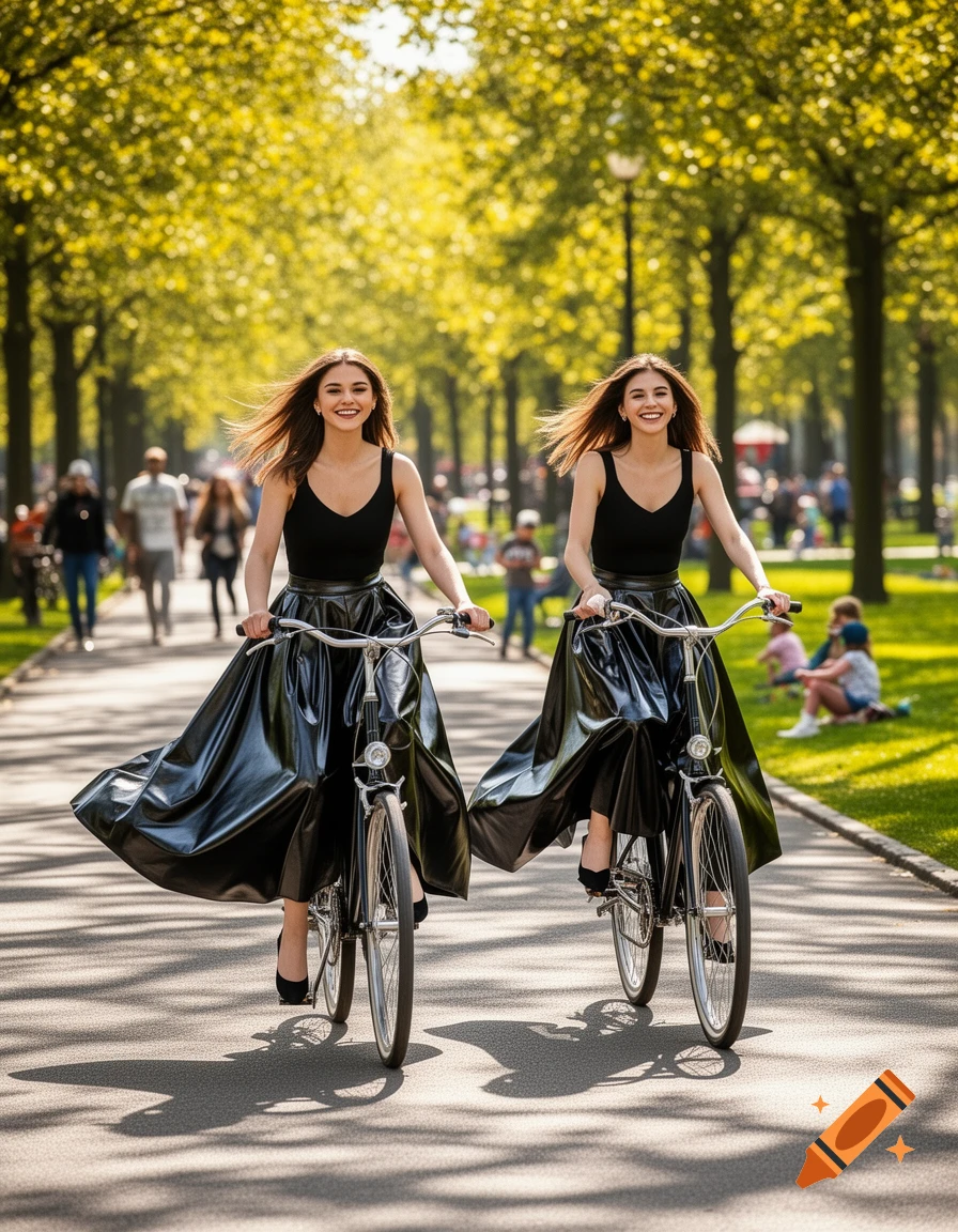Two young women in black tank tops, wide glossy black skirts, and high heels ride bicycles down a sunny park path lined with trees.