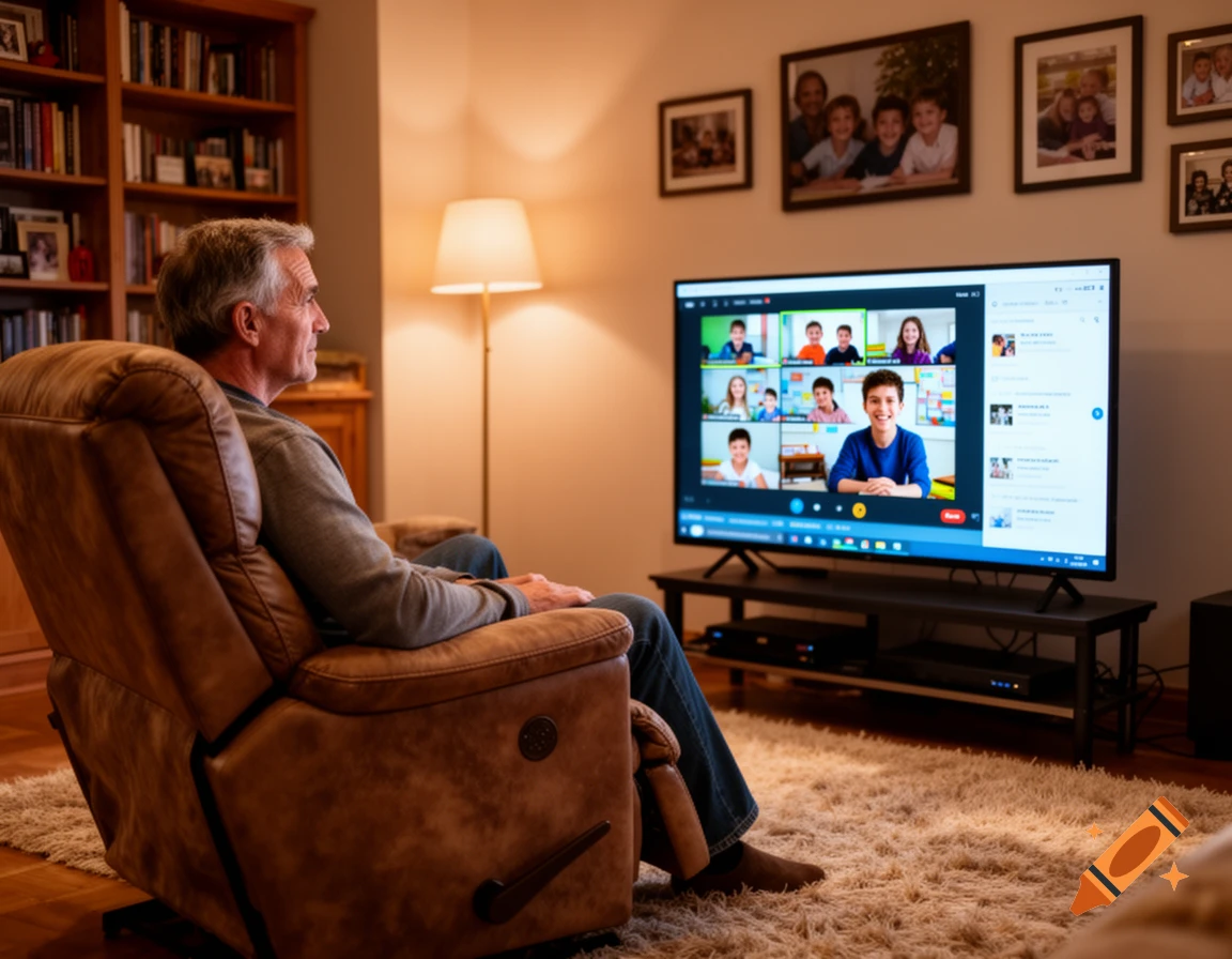 An older man sits in a recliner watching a video call with multiple children on a large TV in a cozy living room.