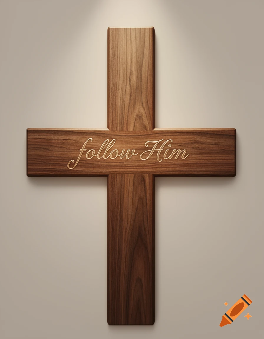 A wooden cross with the words 'follow Him' etched into its horizontal beam, against a light wall.