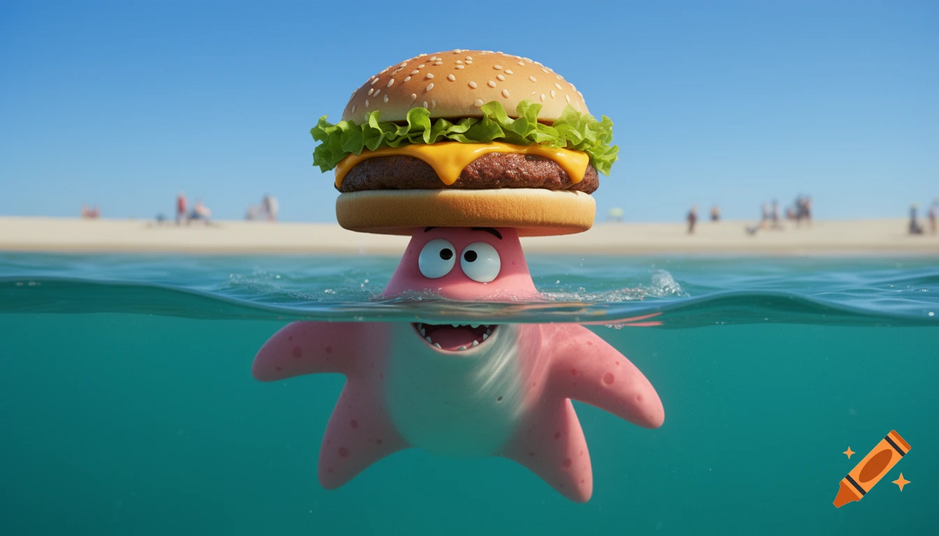 Patrick Star floats half-submerged in clear ocean water at a sunny beach, balancing a realistic cheeseburger on his head.