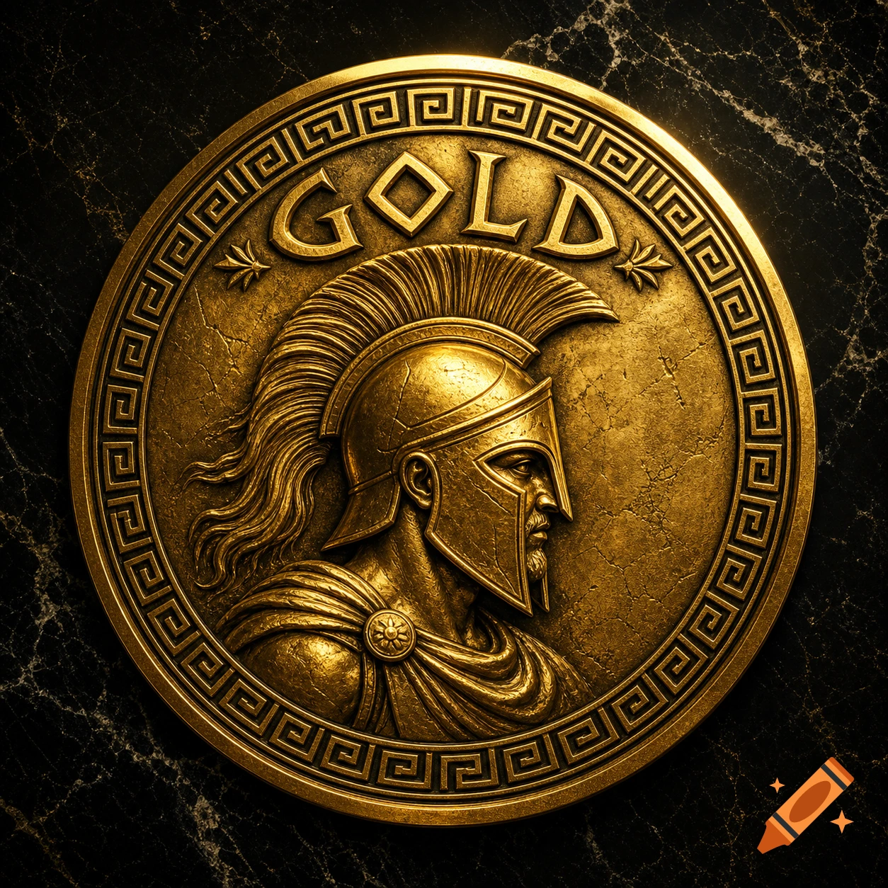 A gleaming golden circular emblem featuring a Spartan warrior's profile in a Corinthian helmet, with 'GOLD' inscribed above, set against a dark marble background.