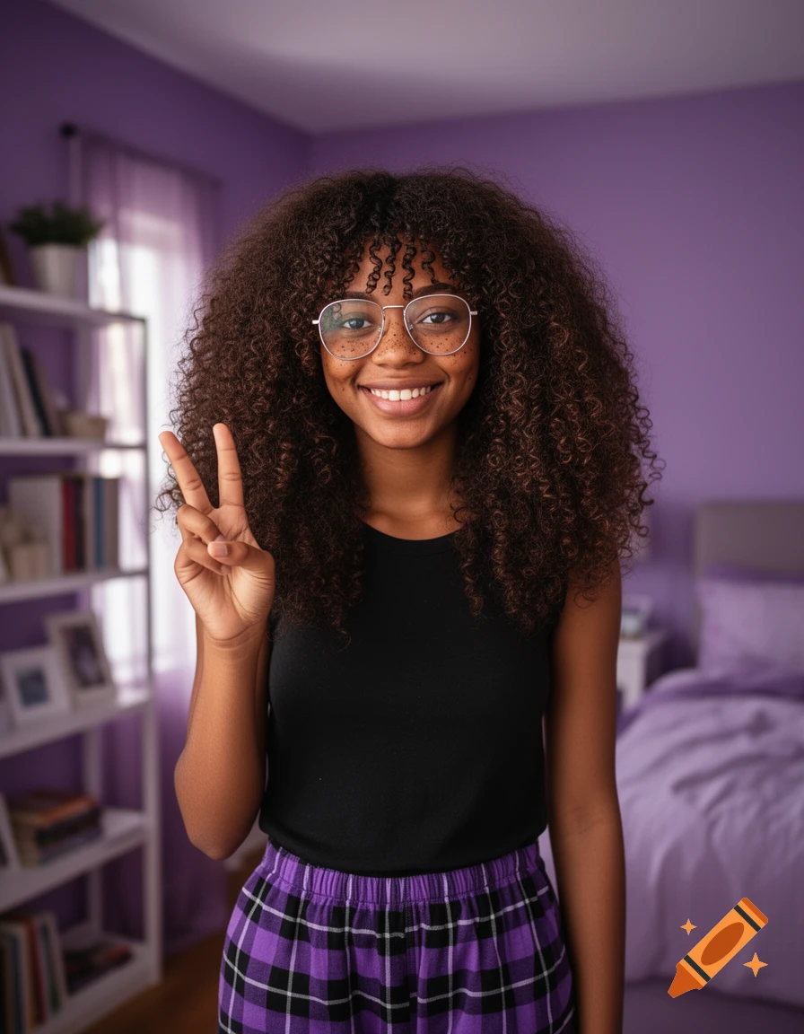 A smiling young Black woman with curly hair and glasses holds a peace sign in a purple room, wearing a black tank top and purple plaid pajamas.