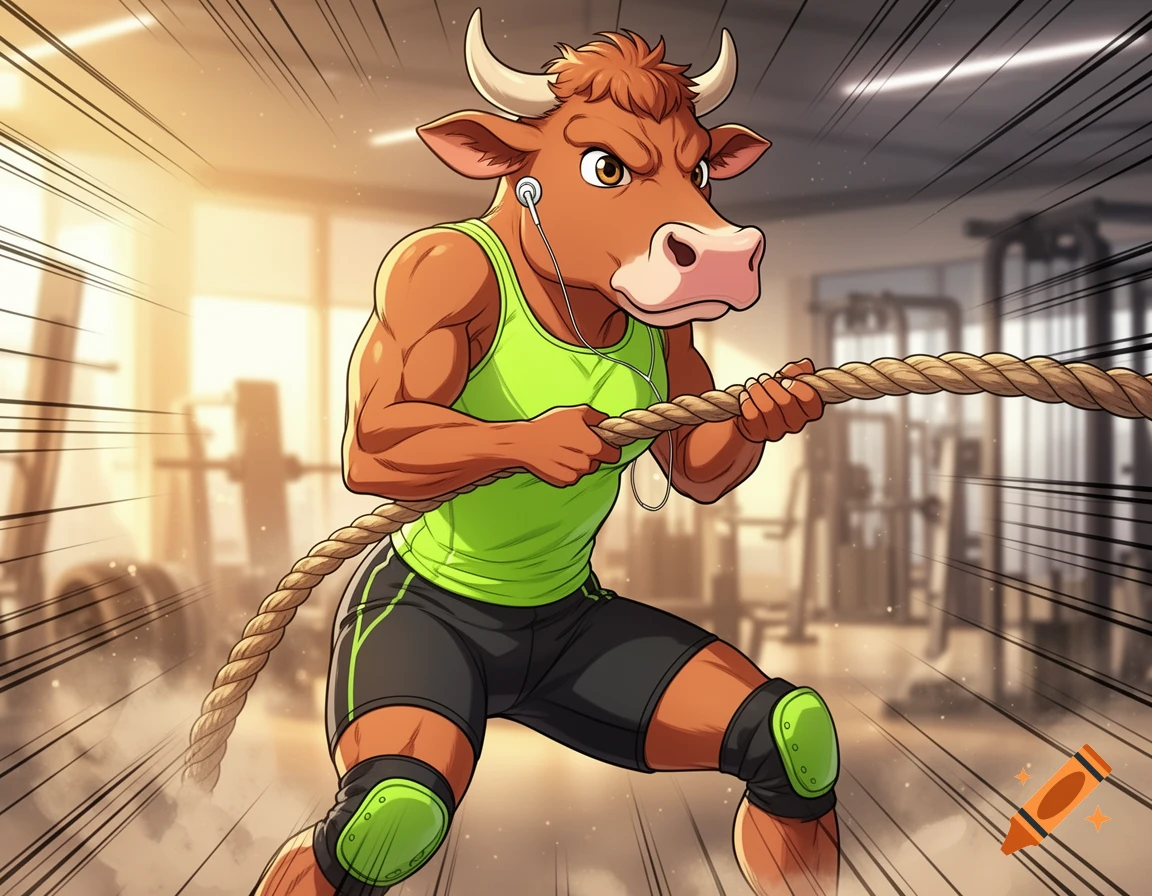 A muscular, anthropomorphic cow in a neon green tank top and shorts, pulling a rope with a strained face in a gym, anime style.