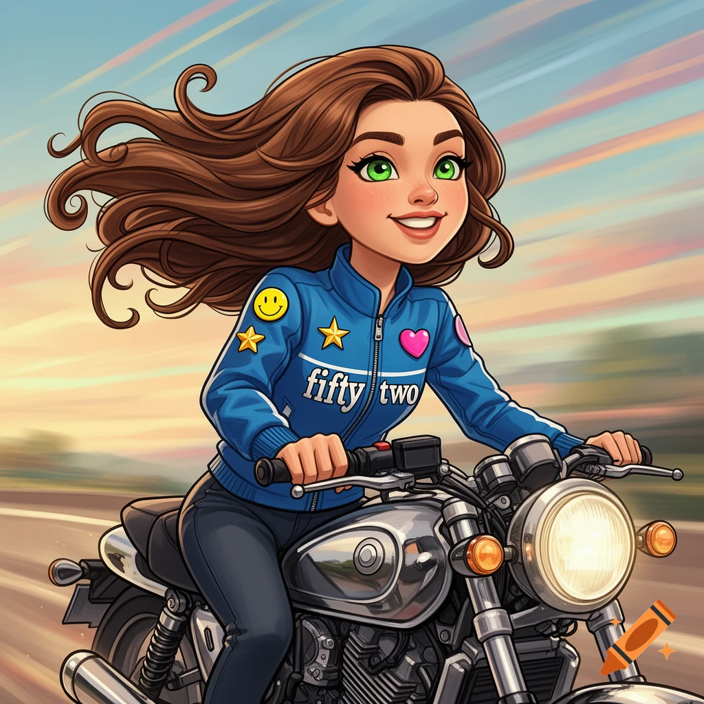 A smiling cartoon girl with long brown hair and green eyes rides a motorcycle, wearing a blue jacket with 'fifty two' and patches.