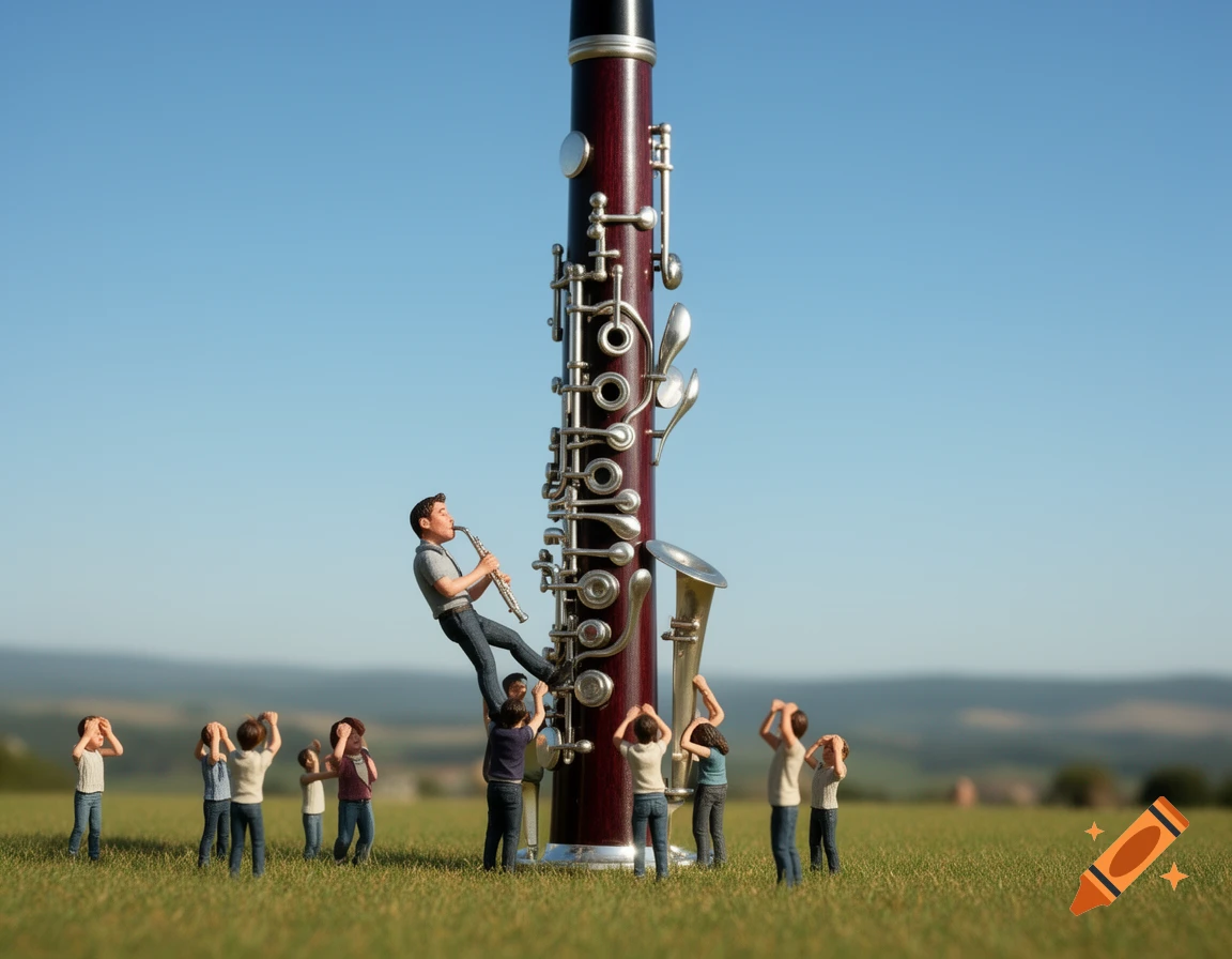 Giant clarinet in a grassy field, with tiny people interacting: one playing, some operating keys, others covering their ears. Photorealistic.