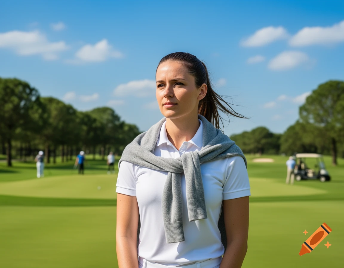 A photorealistic image of a woman in a white polo shirt and a gray sweater tied around her shoulders, looking ahead on a golf course.