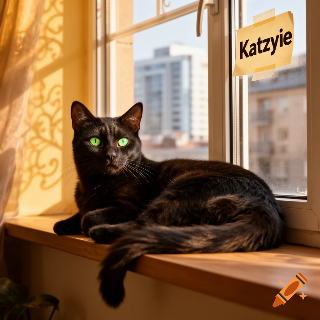 A black cat with bright green eyes lies on a sunlit wooden windowsill, with a note reading 'Katzyie' on the window.