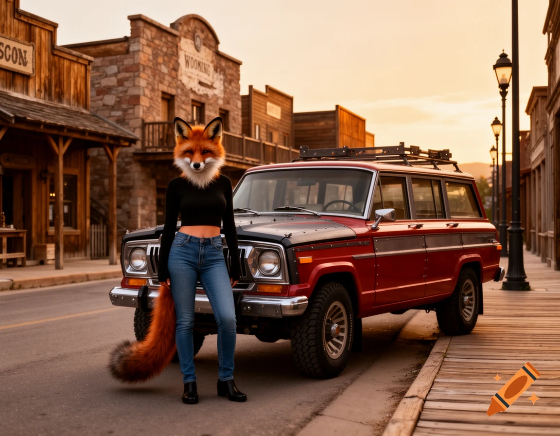 A photorealistic image of an anthropomorphic female fox in a crop top and jeans, standing next to a red 1975 Jeep Wagoneer in a western town.