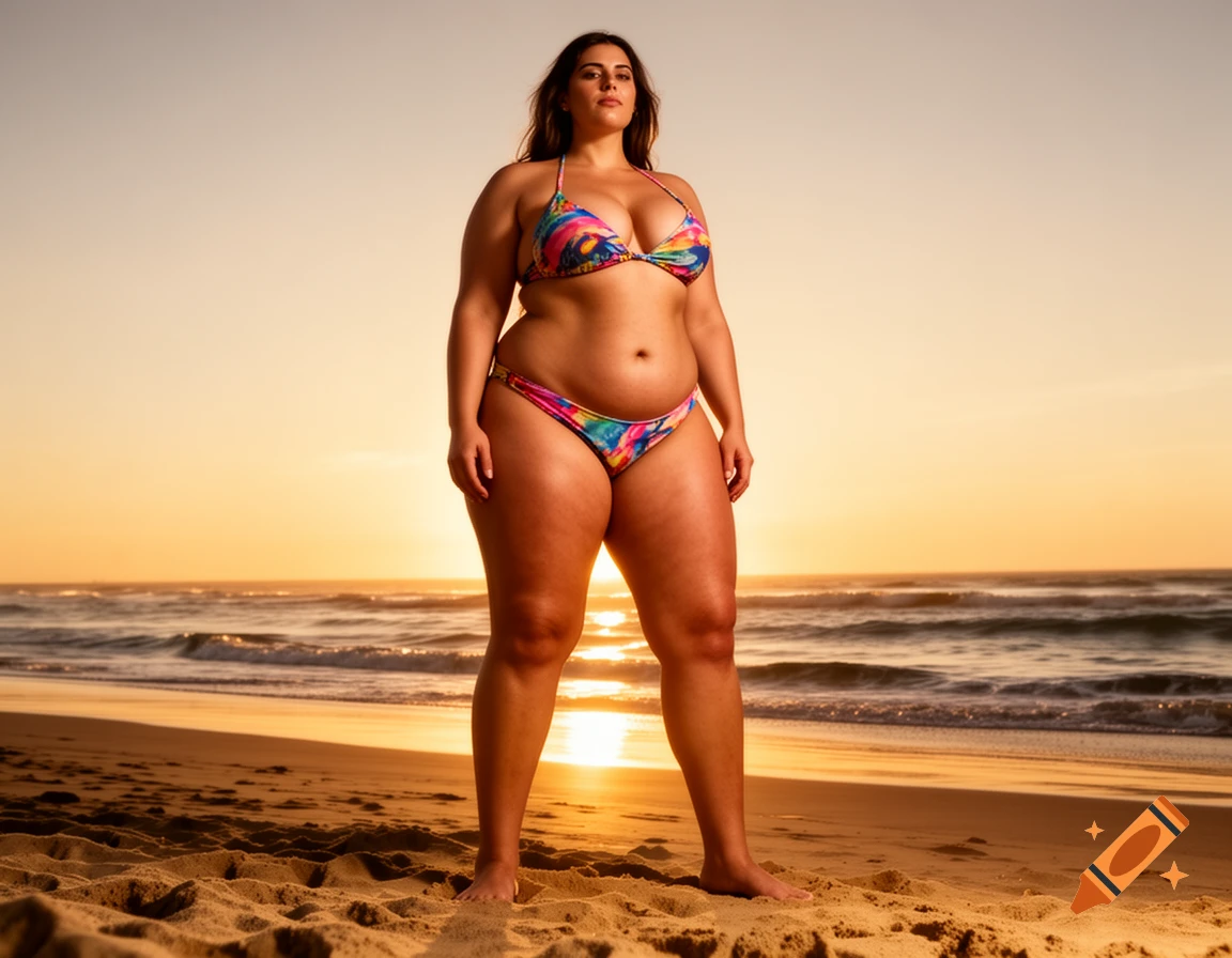 A plus-size woman in a colorful bikini stands on a sandy beach at sunset, looking confidently ahead.