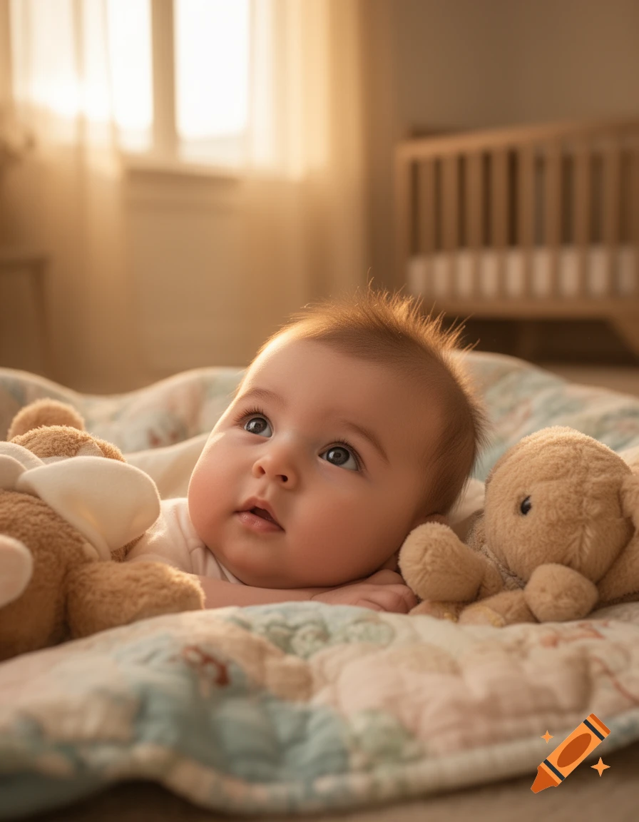 A photorealistic image of a baby lying on a quilted blanket with teddy bears, looking up with big blue eyes.