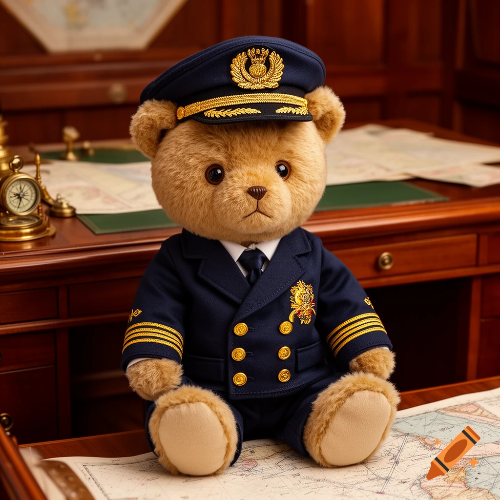 A fluffy brown teddy bear in a detailed navy blue captain's uniform sits on a wooden desk with old maps and a compass.