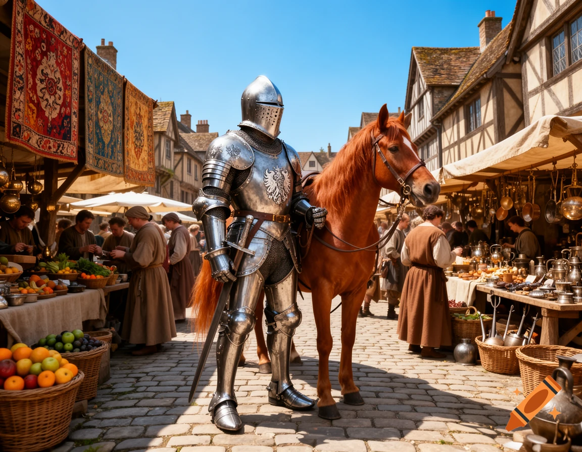 A knight in shining armor stands with his horse in a bustling medieval market street, surrounded by stalls and people.
