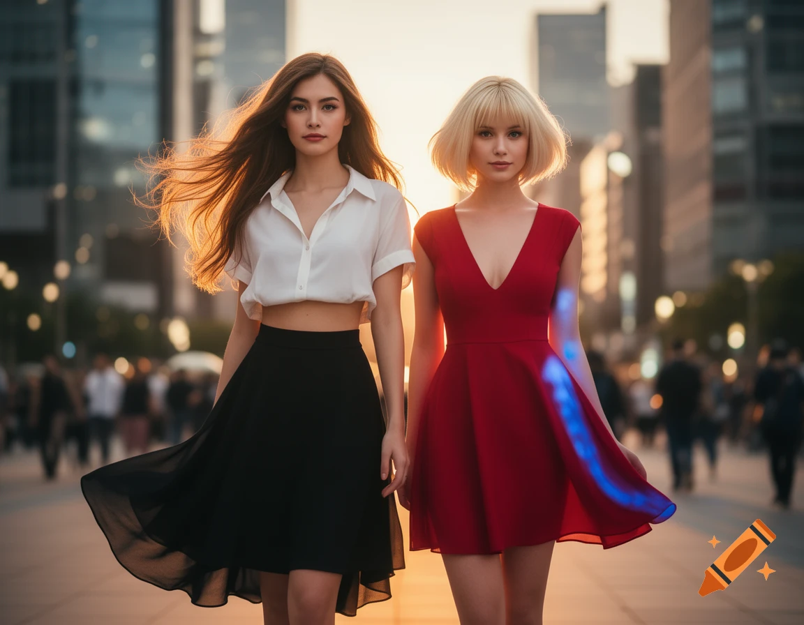 Two women, one with long brown hair in a white crop top and black skirt, and another with short blonde hair in a red dress with blue reflections, walk in a city at sunset.