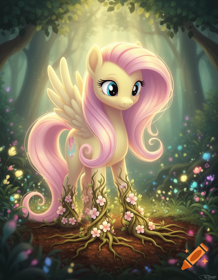 Fluttershy, a yellow winged pony with pink hair, stands in an enchanted forest with roots and pink flowers growing from her hooves.