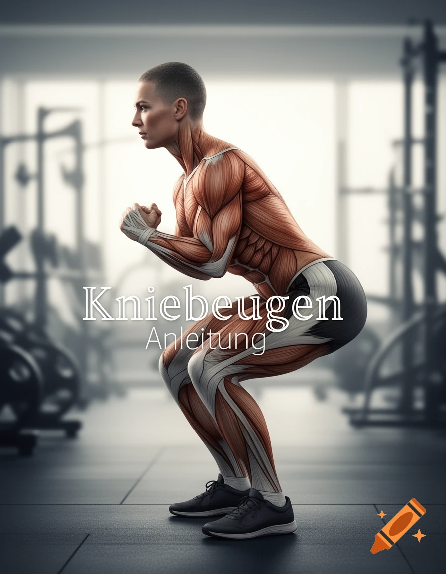 Anatomical illustration of a person with visible muscles performing a squat in a gym, with text 'Kniebeugen Anleitung'.