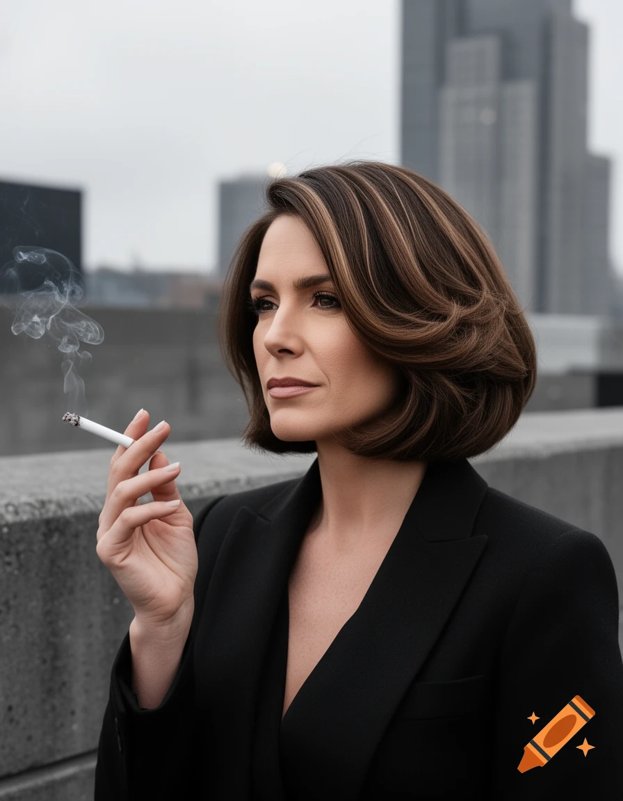 A woman with a chin-length bob haircut, wearing a black blazer, smokes a cigarette on a rooftop with city buildings in the background. Photorealistic style.