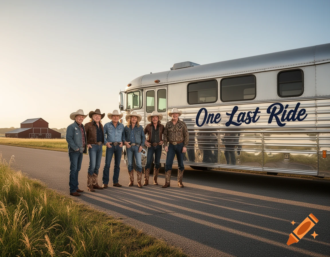 Six country stars in cowboy hats and denim stand by a silver tour bus with "One Last Ride" on the side on a rural road at sunset, photorealistic.