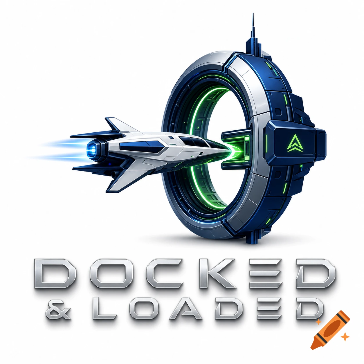 A stylized white and blue spaceship flies towards a futuristic blue and silver ring-shaped docking station with green lights. Below, 3D text reads 'DOCKED & LOADED'.