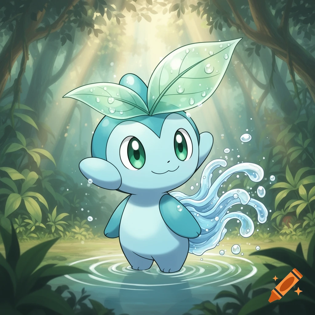 A cute blue, green-eyed, monkey-like creature with leaves and water splashing, standing in a forest puddle. Anime style.