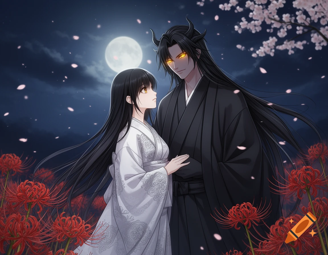 Anime illustration of a Japanese woman in white kimono and a horned demon man in black kimono, standing in red spider lilies under a full moon.