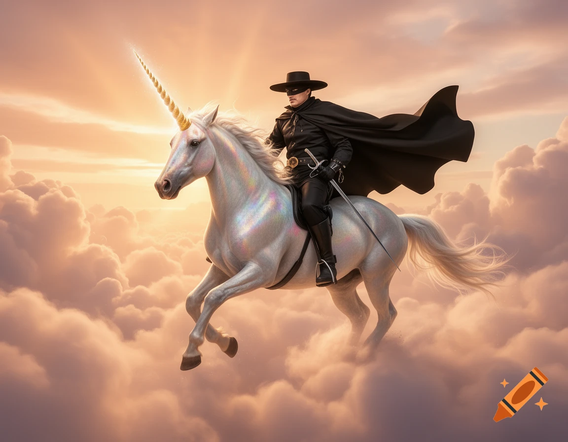 Zorro, masked and caped, rides a shimmering white unicorn through a dramatic, cloudy sky at sunset.
