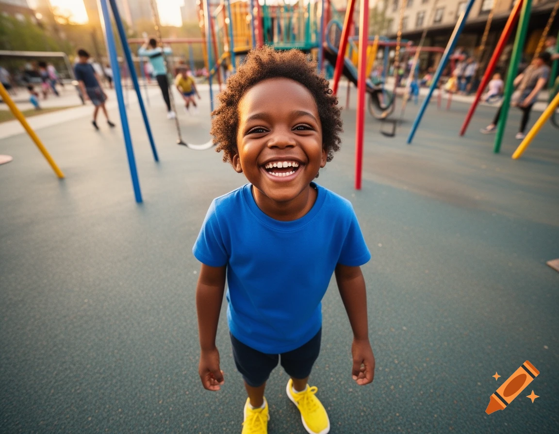 A happy Black child with curly hair smiles widely, looking up at the camera in a brightly lit playground.