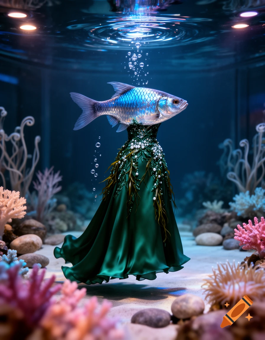A photorealistic image of a fish wearing a flowing green evening gown with pearls and seaweed, swimming gracefully underwater amidst colorful coral and bubbles.