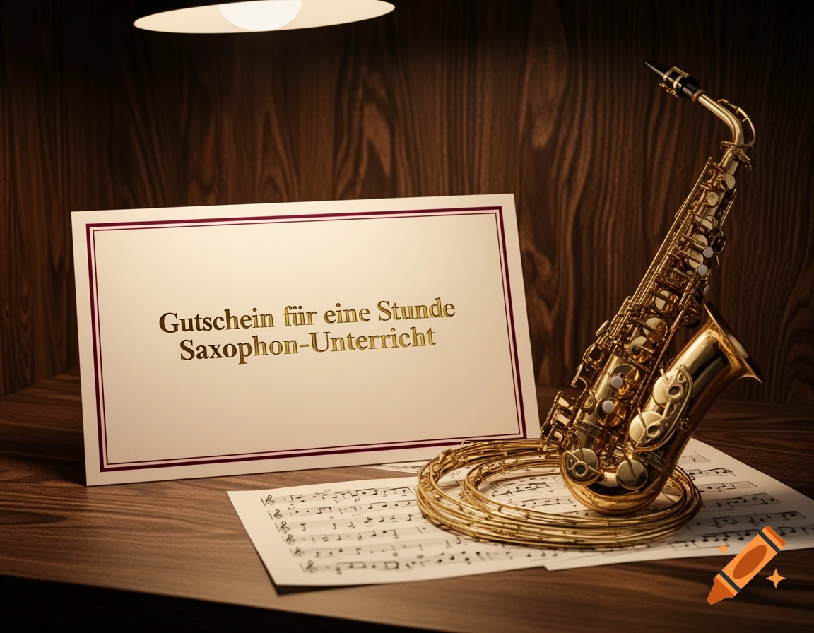 A golden saxophone, a gift certificate for saxophone lessons, and sheet music are on a wooden table, illuminated by a desk lamp.