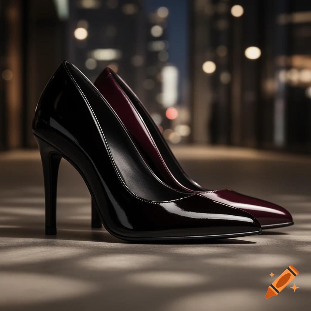 Two glossy high heels, one black and one burgundy, stand on a patterned surface with a blurred city skyline at night.