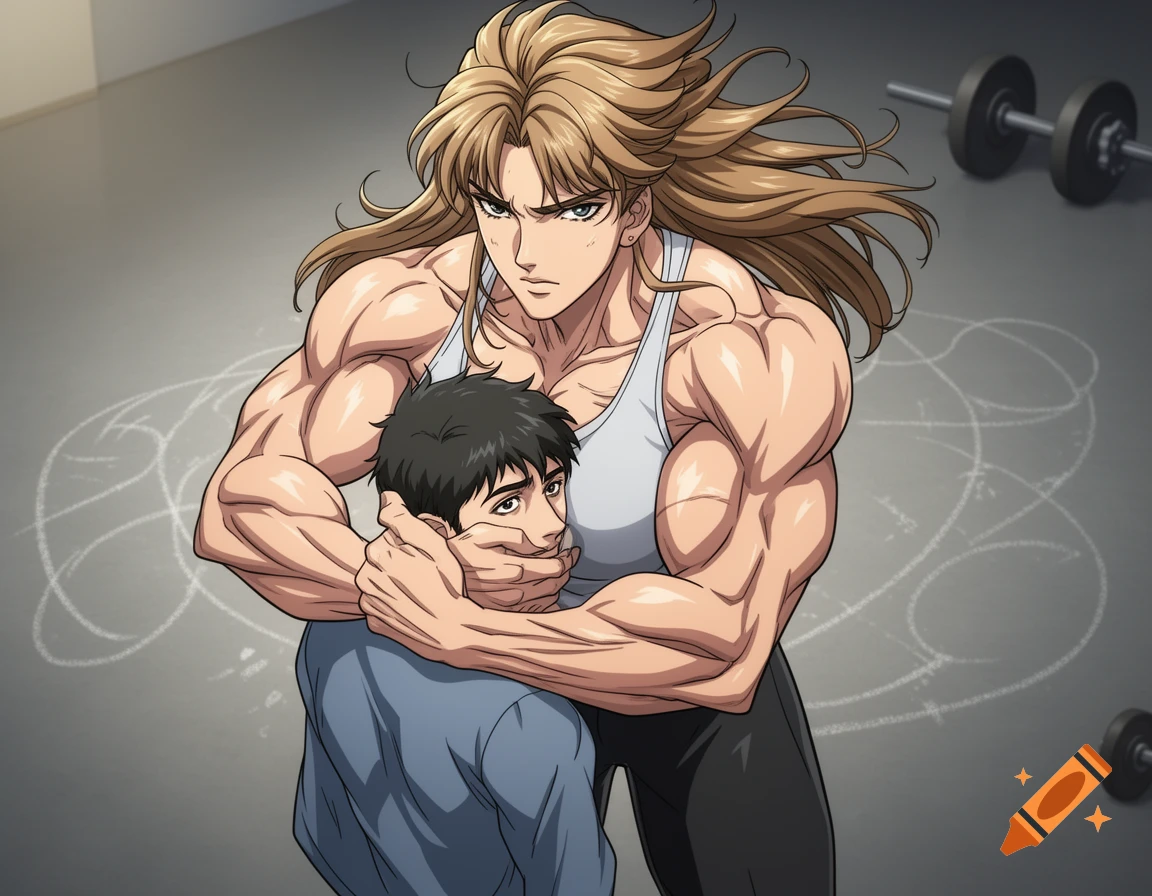 An anime-style muscular woman in a gym holds a man in a headlock, with dumbbells in the background.