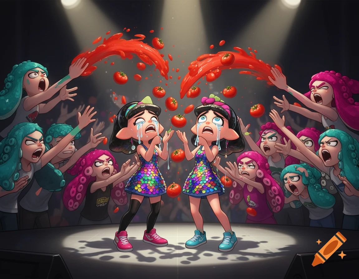 Marie and Callie from Splatoon cry on stage as an angry Octoling crowd throws tomatoes at them.